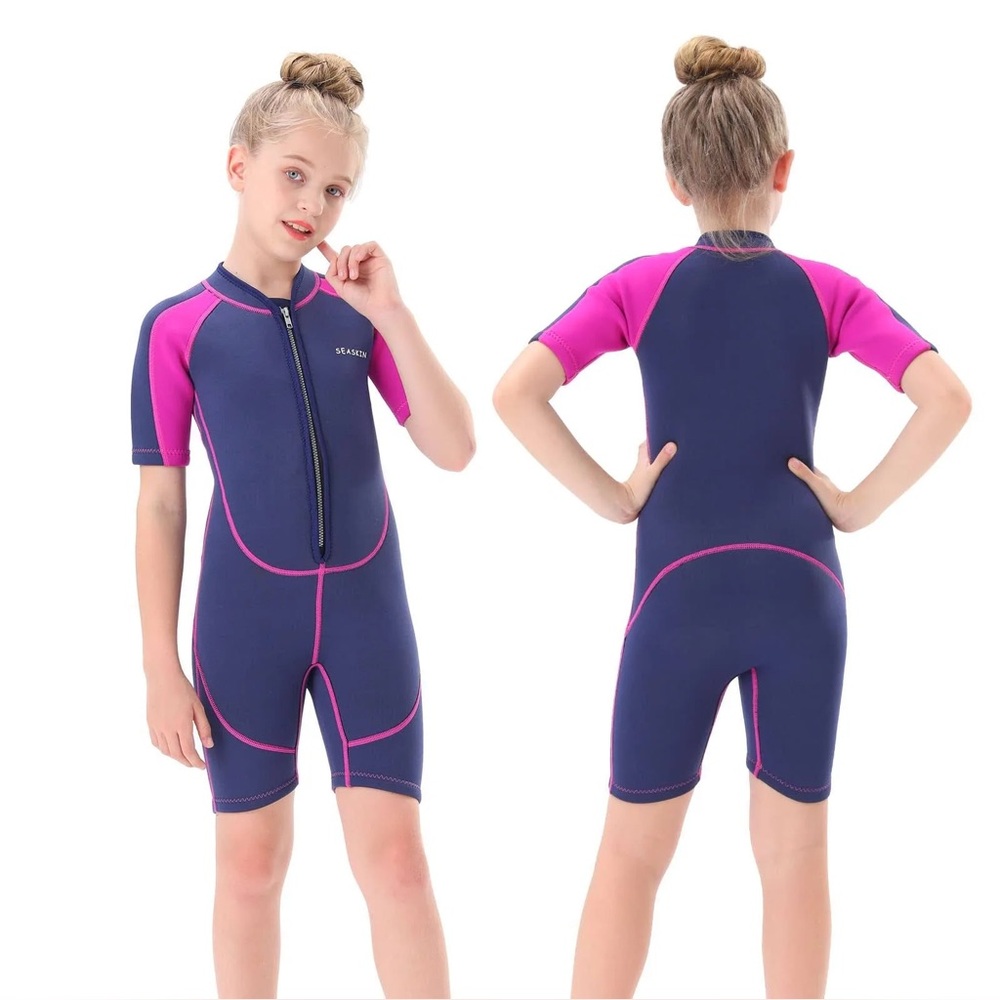 Seaskin Kids 2mm Wetsuit Navy Fuchsia Short Sleeve Surf Swim Suit SIZE 8